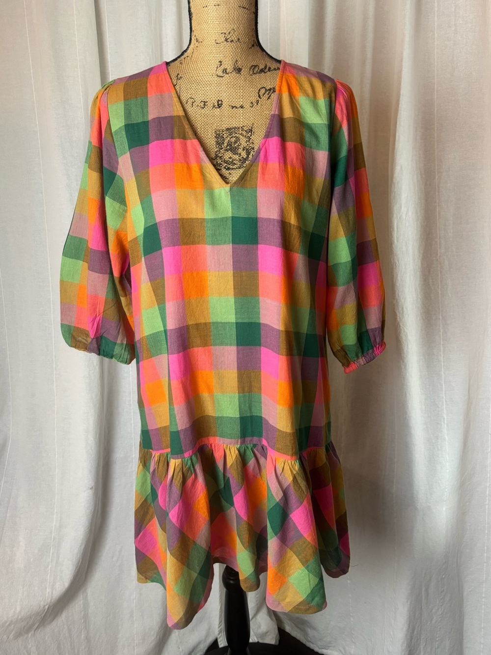 Pink Chicken Halsey Dress in Multi-Square Women’s S Pink Green Orange Shift
